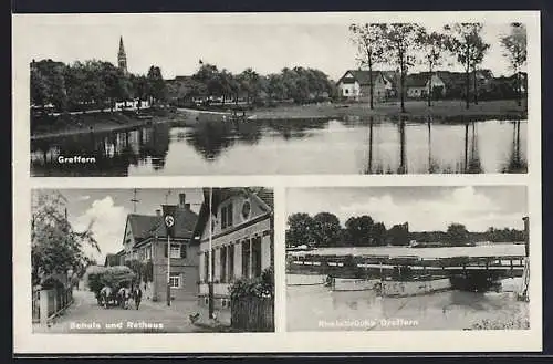 AK Greffern, Schule und Rathaus, Rheinbrücke, Totalansicht