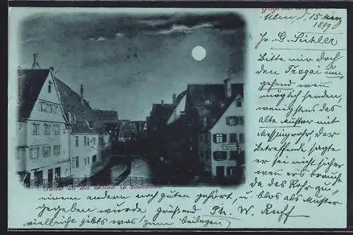 Mondschein-AK Ulm a. D., Partie an der Blau