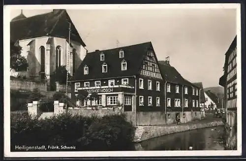 AK Heiligenstadt /Fränk. Schweiz, Gasthof Hösch mit Flusspartie
