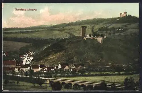 AK Sachsenburg / Heldrungen, Blick auf den Ort mit Burg