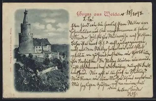 Mondschein-AK Weida / Thür., Blick auf das Schloss