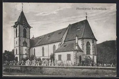AK Buchenbach / Schwarzwald, Pfarrkirche mit Friedhof