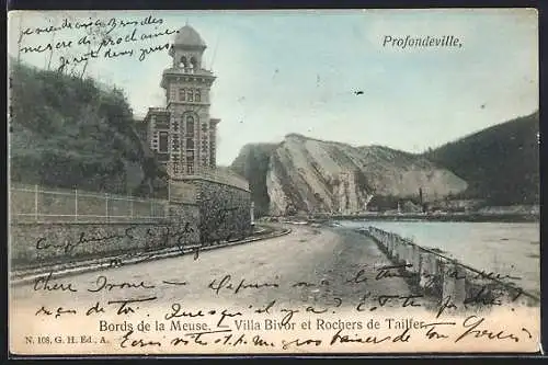 AK Profondeville, Bords de la Meuse, Villa Bivor et Rochers de Tailfer