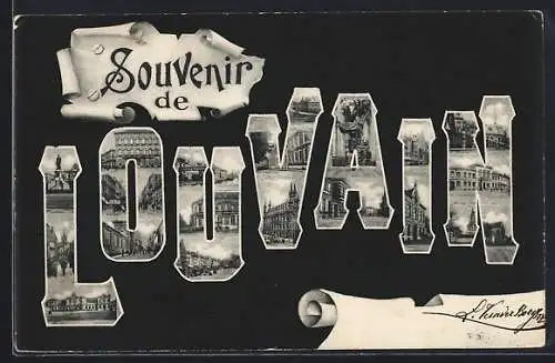 AK Louvain, Schriftzug mit Kirche, Innenansicht und Denkmal