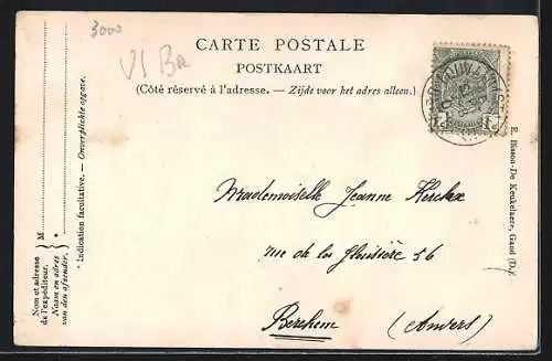 AK Louvain, Schriftzug mit Kirche, Innenansicht und Denkmal