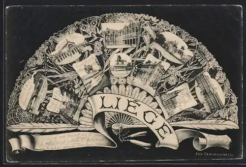 AK Liége, Stadtansichten im Fächer-Passepartout