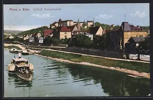 AK Pirna, Teilansicht mit Schloss Sonnenstein und Dampfer auf der Elbe