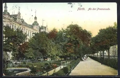 AK Fürth / Bayern, Promenade mit Gartenanlage und Passanten