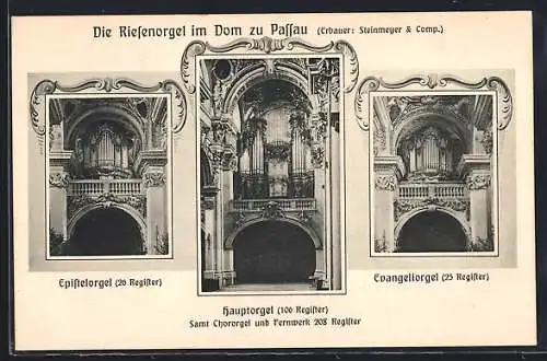 AK Passau, drei Ansichten der Riesen-Orgel im Dom