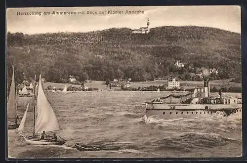 AK Herrsching am Ammersee, Seeblick auf das Kloster Andechs