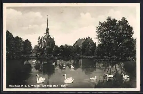 AK Holzminden a. d. Weser, Ortsansicht mit mittlerem Teich und Schwänen