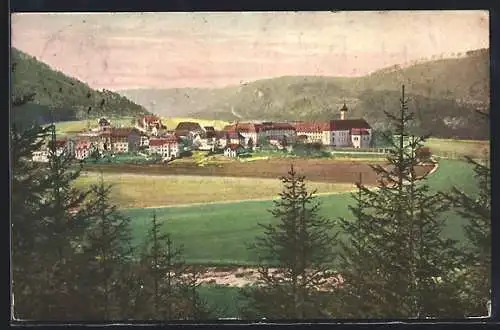 AK Beuron, Totalansicht mit dem Kloster vom Wald aus