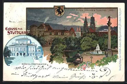 Lithographie Stuttgart, Altes Schloss & Schlossplatz, Königl. Hoftheater, Wappen