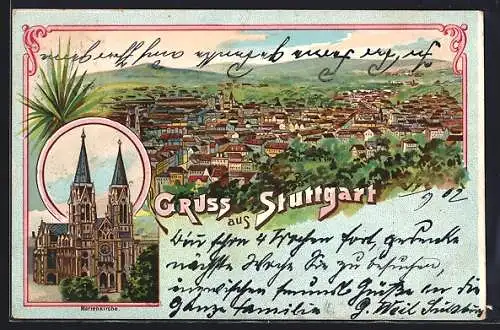 Lithographie Stuttgart, Marienkirche, Ortsansicht aus der Vogelschau