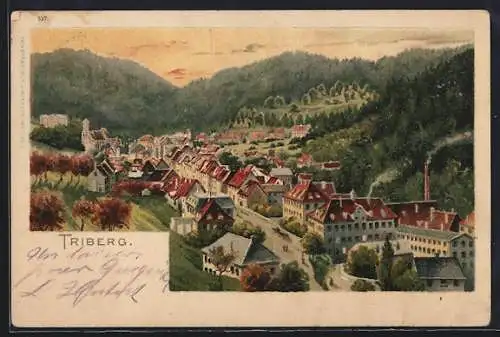 Lithographie Triberg, Gesamtansicht vom Berg aus