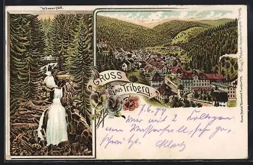 Lithographie Triberg, Wasserfall, Totalansicht vom Berg aus