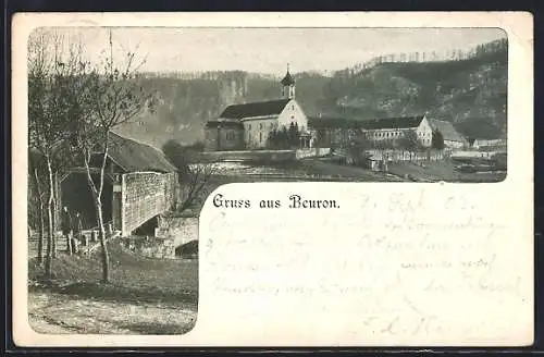 AK Beuron, Kloster mit gedeckter Brücker