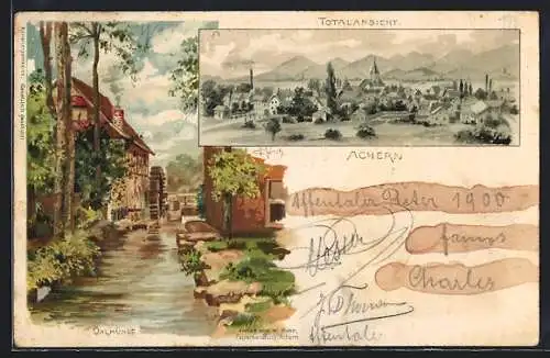 Künstler-AK Carl Münch: Achern, Öhlmühle und eine Totalansicht