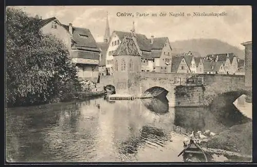AK Calw, Partie an der Nagold mit Nikolauskapelle