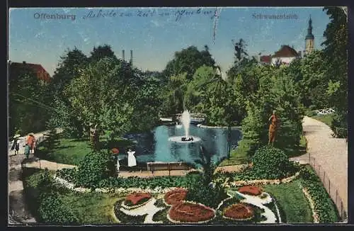 AK Offenburg, Schwanenteich mit Springbrunnen