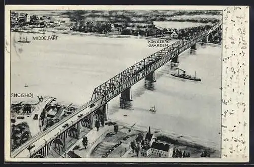 Künstler-AK Middelfart, Panorama mit Kongebro Gaarden, Snoghoj und Brücke