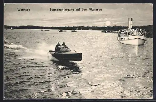 AK Berlin-Tegel, Sonnenuntergang auf dem Tegeler See, Dampfer, Motorboot