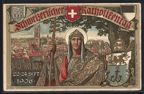 Künstler-AK Freiburg, Schweizerischer Katholikentag 1906, Teilansicht und Geistlicher mit Wappen
