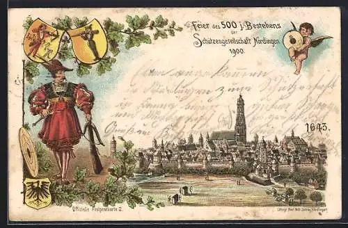 AK Ganzsache PP15 C25 /02: Nördlingen, 500. Jubiläum der Schützengesellschaft 1900, Schütze, Wappen und Ortsansicht