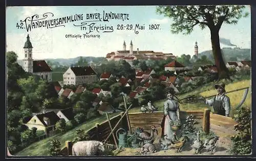 AK Ganzsache PP15 C133 /02: Freising, 42. Wanderversammlung Bayerischer Landwirte 1907, Blick auf die Stadt
