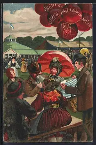 AK Ganzsache PP15 C156: Würzburg, Volksfest des Volks- und Hallenbades 1909, Feiernde auf dem Festplatz