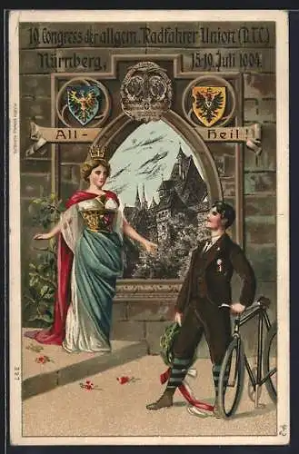 AK Ganzsache PP15 C63 /01: Nürnberg, 19. Congress der allgem. Radfahrer Union 1904, Fahrradfahrer und Wappen