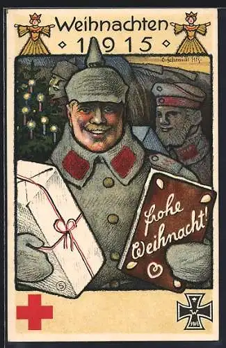 AK Ganzsache PP38 C26 /01: Nürnberg, Rotes Kreuz-Sammlung mit Weihnachtsgruss 1915, Deutscher Soldat mit Lebkuchen