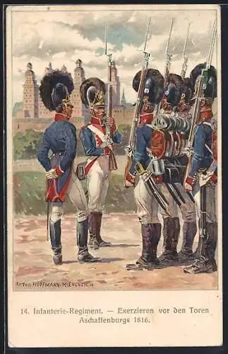 Künstler-AK Anton Hoffmann - München: Aschaffenburg, 100. Jubiläum d. 14. Infanterie-Regiments 1914, Ganzsache Bayern
