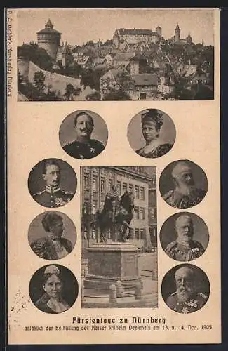 AK Nürnberg, Fürstentage 1905, Kaiser Wilhelm-Denkmal mit Porträt von König Ludwig III., Ganzsache Bayern