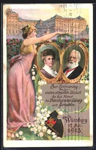 AK Würzburg, 1. offizieller Besuch v. Prinzregent Ludwig und Gemalin 1913, Porträts und Residenz, Ganzsache Bayern