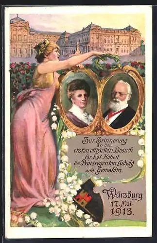 AK Würzburg, 1. offizieller Besuch v. Prinzregent Ludwig und Gemalin 1913, Porträts und Residenz, Ganzsache Bayern