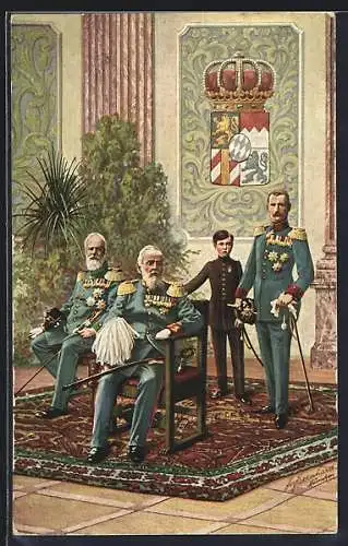 Künstler-AK Prinzregent Luitpold und Familie in Uniformen, Wappen, Ganzsache Bayern