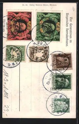 Künstler-AK Prinzregent Luitpold und Familie in Uniformen, Wappen, Ganzsache Bayern