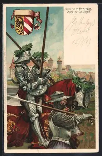 Künstler-AK Nürnberg, X. Deutsches Turnfest 1903, Zweite Gruppe aus dem Festzug, Ganzsache Bayern