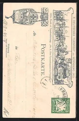 Künstler-AK Nürnberg, X. Deutsches Turnfest 1903, Zweite Gruppe aus dem Festzug, Ganzsache Bayern