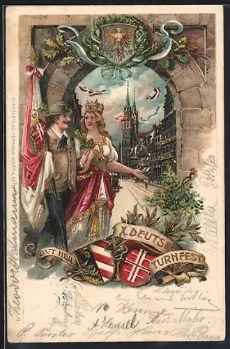 AK Ganzsache PP15 D67 /01: Nürnberg, X. Deutsches Turnfest, Gut Heil, Stadtansicht & Stadtwappen, Turner mit Flagge