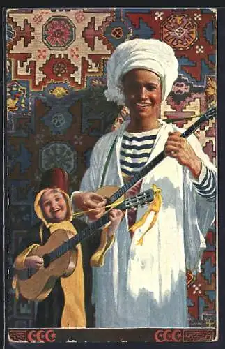 Künstler-AK München, Ausstellung 1910, Münchner Kindl und Musikant aus dem Orient, Ganzsache