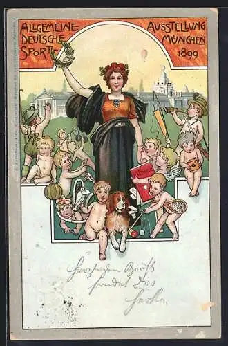 Künstler-AK München, Allgemeine Deutsche Sport-Ausstellung 1899, Ganzsache Bayern