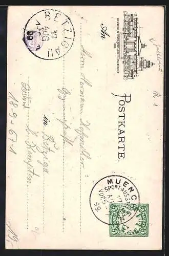 Künstler-AK München, Allgemeine Deutsche Sport-Ausstellung 1899, Ganzsache Bayern