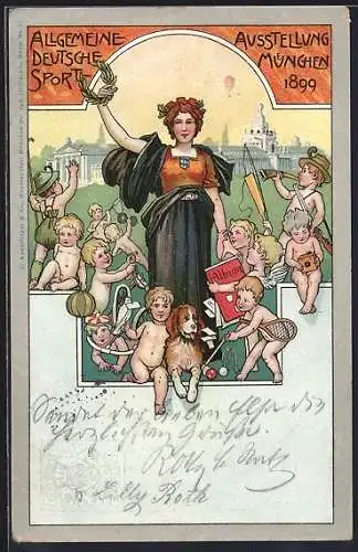Künstler-AK München, Allgemeine Deutsche Sport-Ausstellung 1899, Ganzsache Bayern