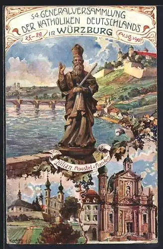 Künstler-AK Würzburg, 54. Generalversammlung der Katholiken Deutschlands 1907, St. Kilian, Ganzsache Bayern