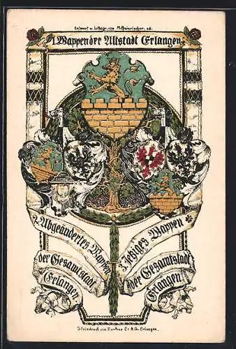 Künstler-AK Erlangen, 1. Wappen der Stadt mit Eichenbaum, Ganzsache Bayern
