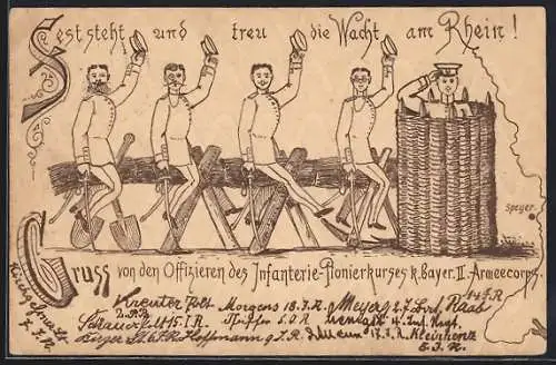 Künstler-AK Ganzsache Frech unbekannt: Infanterie-Pionierkurs k. bayer. II. Armeecorps, Soldaten mit Schaufeln