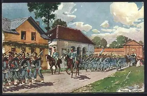 Künstler-AK Landau / Pfalz, Durchmarsch bayerischer Truppen durch die Festung 1870, Ganzsache Bayern