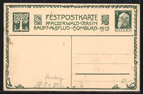 AK Homburg / Pfalz, Festpostkarte Pfälzerwald-Verein Hauptausflug 1913, Schloss Karlsberg, Ganzsache Bayern